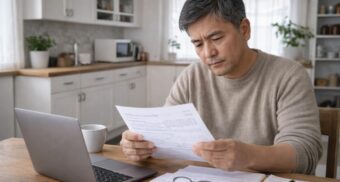 Middle-aged Japanese man reading disability insurance paperwork at home, looking concerned while reviewing documents at a kitchen table.