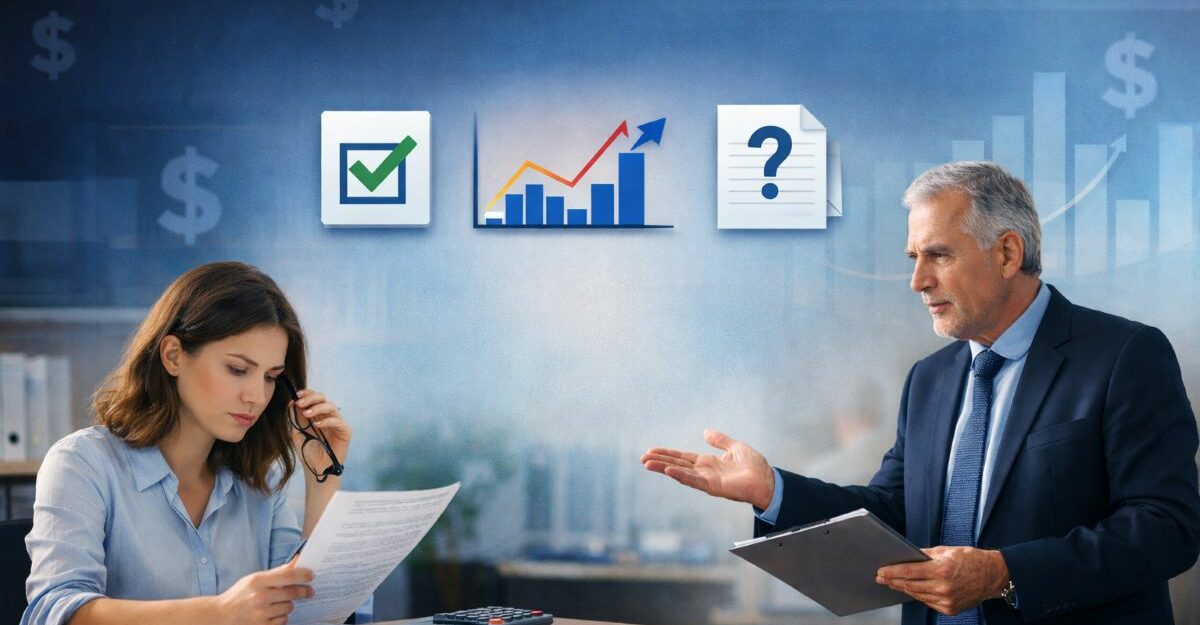 Employee reviewing bonus paperwork while a manager discusses compensation in an office setting, illustrating a discretionary bonus decision.