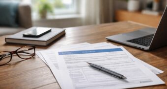 Person reviewing disability paperwork at a desk in a calm Canadian home workspace