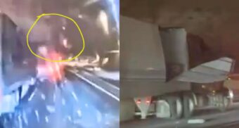 Screenshots of a tractor-trailer that was struck by a vehicle that left the Highway 427 overpass and landed on Highway 401. (Photos via X/Twitter)