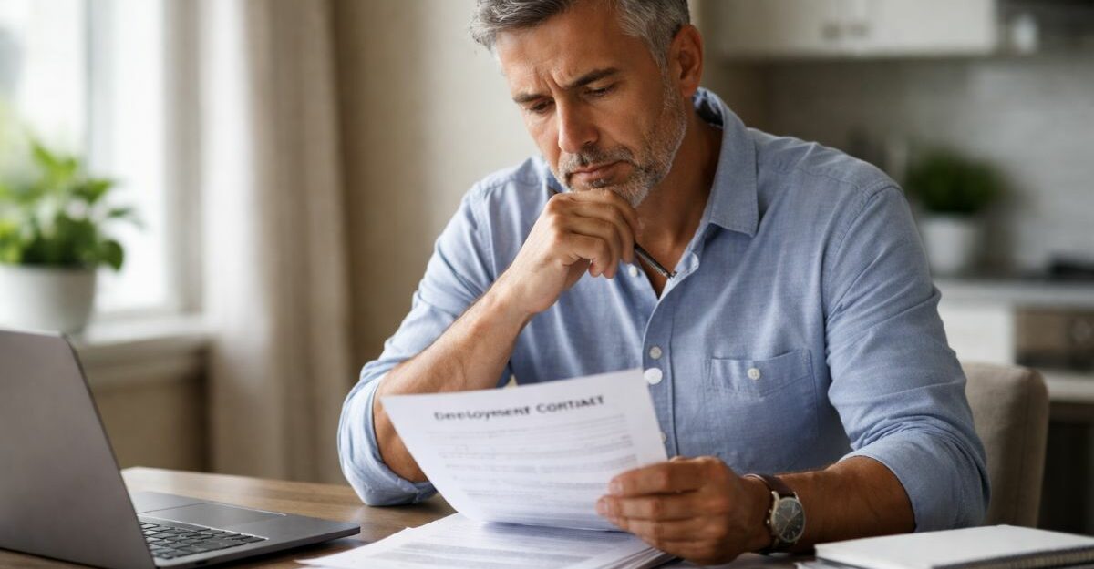 Employee reviewing a new employment contract at home before signing