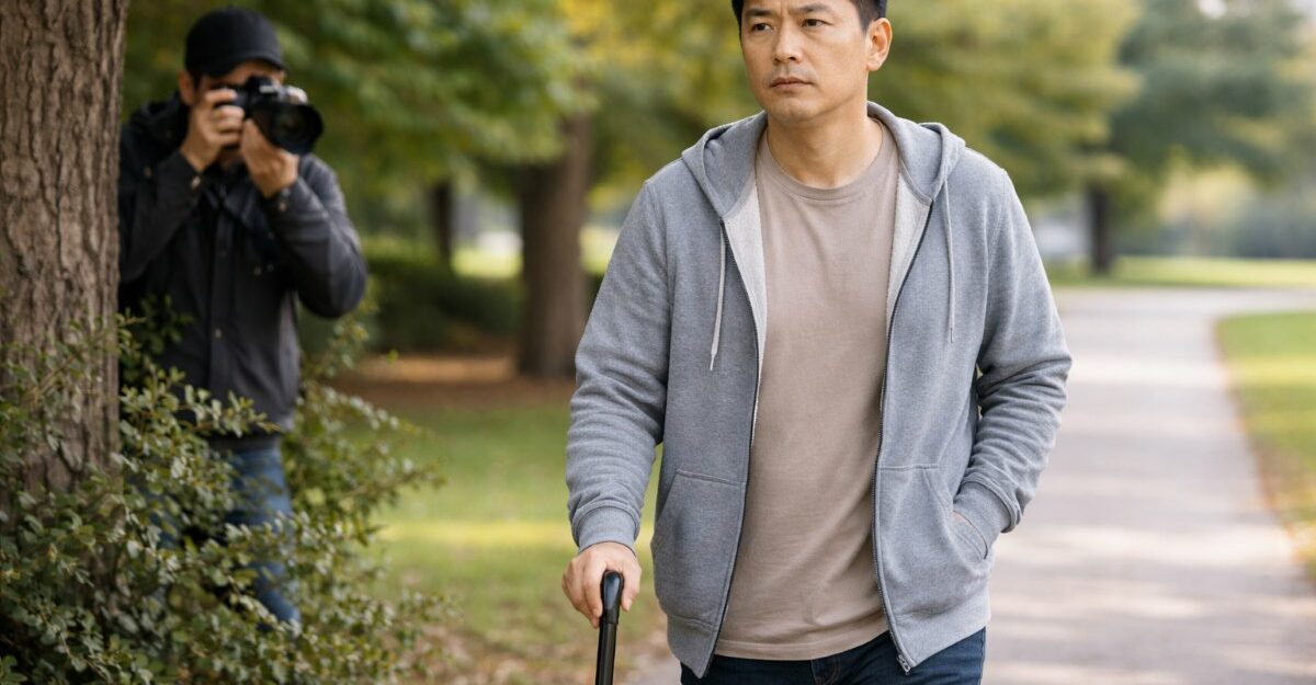 Man on long-term disability taking a slow walk outdoors while under insurance surveillance