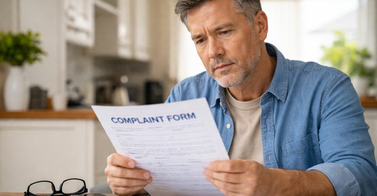 Man in his 50s reviewing a disability insurance complaint form at home