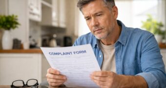 Man in his 50s reviewing a disability insurance complaint form at home