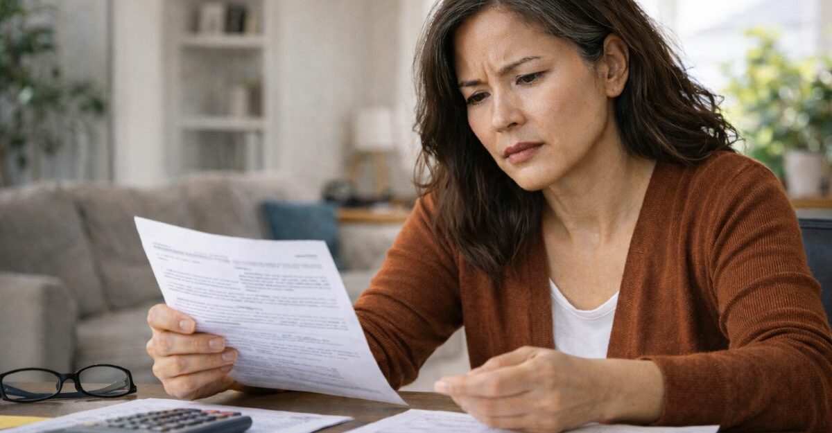 Woman in her 50s reviewing disability insurance paperwork at home