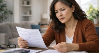 Woman in her 50s reviewing disability insurance paperwork at home