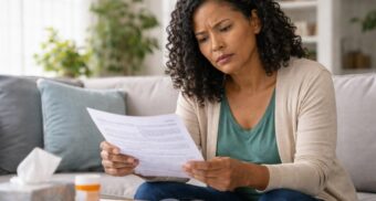 Woman in her 50s reviewing paperwork related to a long-term disability claim at home
