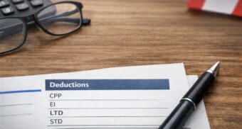 A printed Canadian pay stub on a desk showing common deductions such as CPP, EI, and LTD, with a pen and reading glasses beside it.