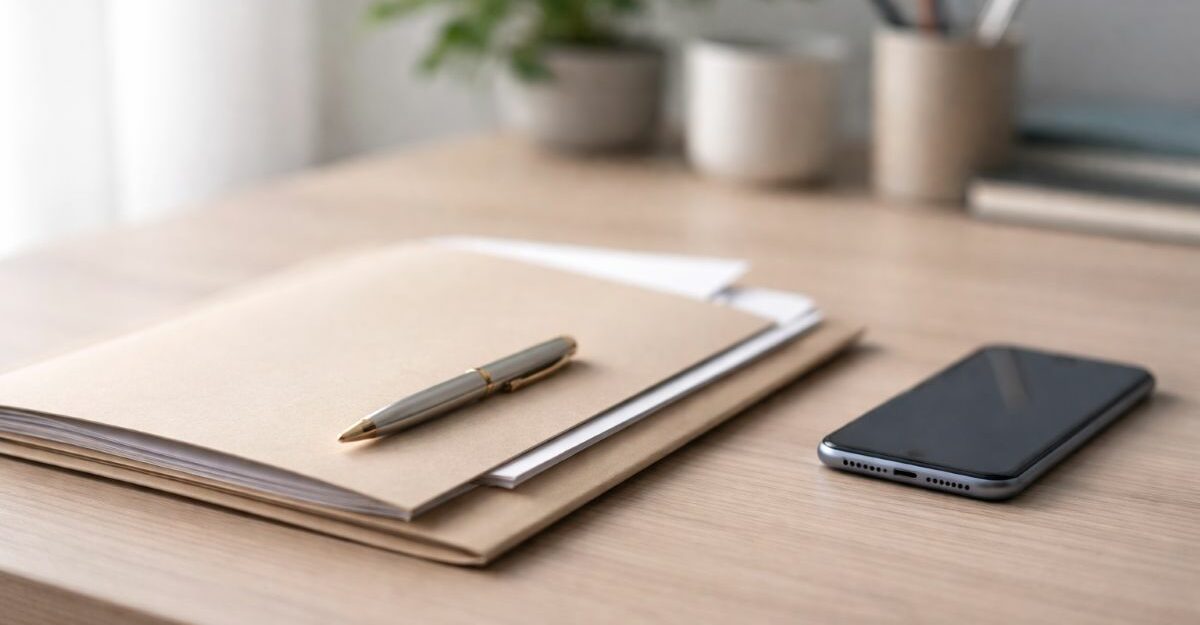 Clean, modern desk with a document folder, pen, and smartphone, representing long-term disability insurance paperwork in Canada.