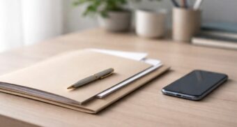 Clean, modern desk with a document folder, pen, and smartphone, representing long-term disability insurance paperwork in Canada.