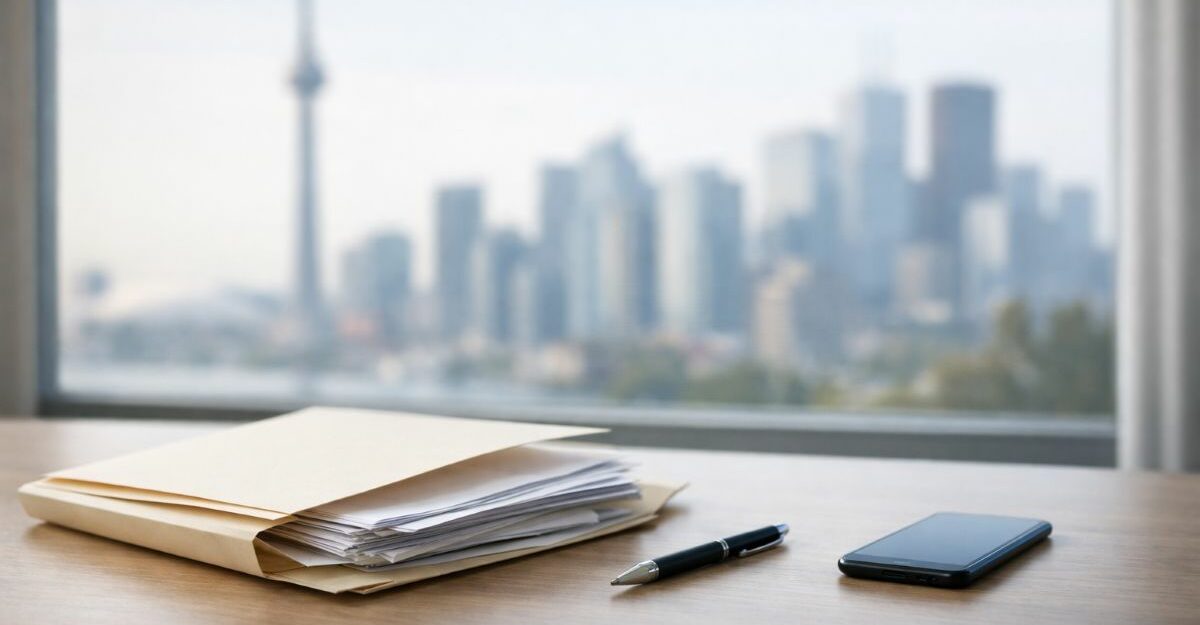 Desk with disability insurance documents, pen, and smartphone in a modern Toronto office, with the Toronto skyline softly blurred in the background.
