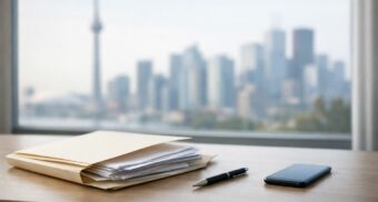 Desk with disability insurance documents, pen, and smartphone in a modern Toronto office, with the Toronto skyline softly blurred in the background.