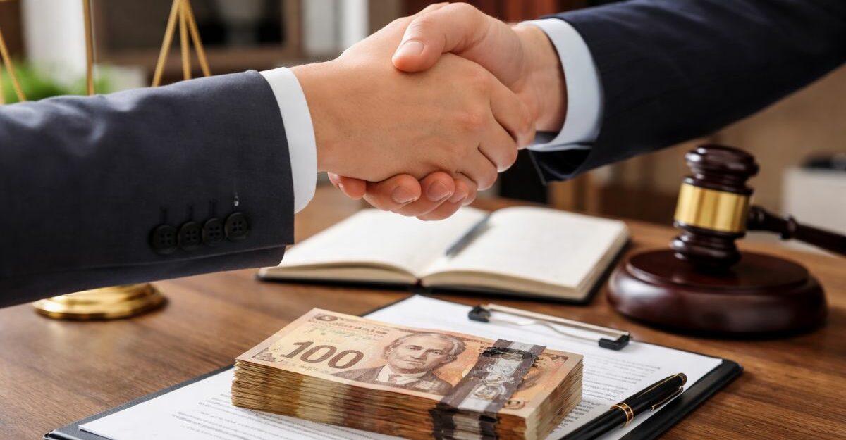 Two professionals shaking hands over a settlement agreement with Canadian money and legal documents on a desk