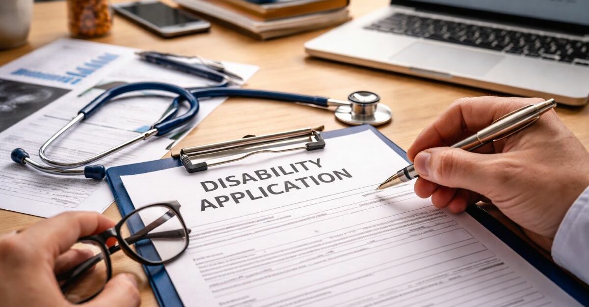 Person reviewing and completing a CPP disability application form at a desk with medical documents and a stethoscope nearby