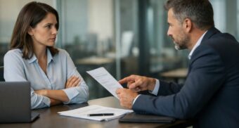 Employee and manager having a workplace disagreement over job instructions in a modern office