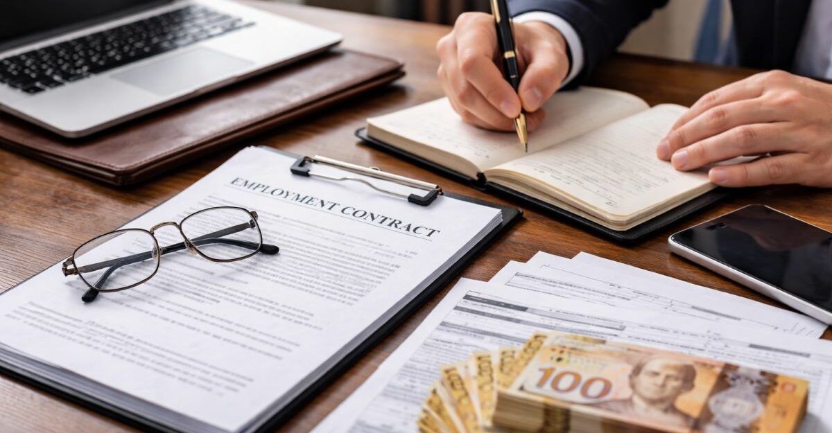 Professional reviewing employment contract and notes with Canadian money on desk