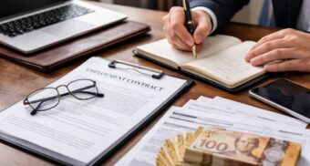 Professional reviewing employment contract and notes with Canadian money on desk