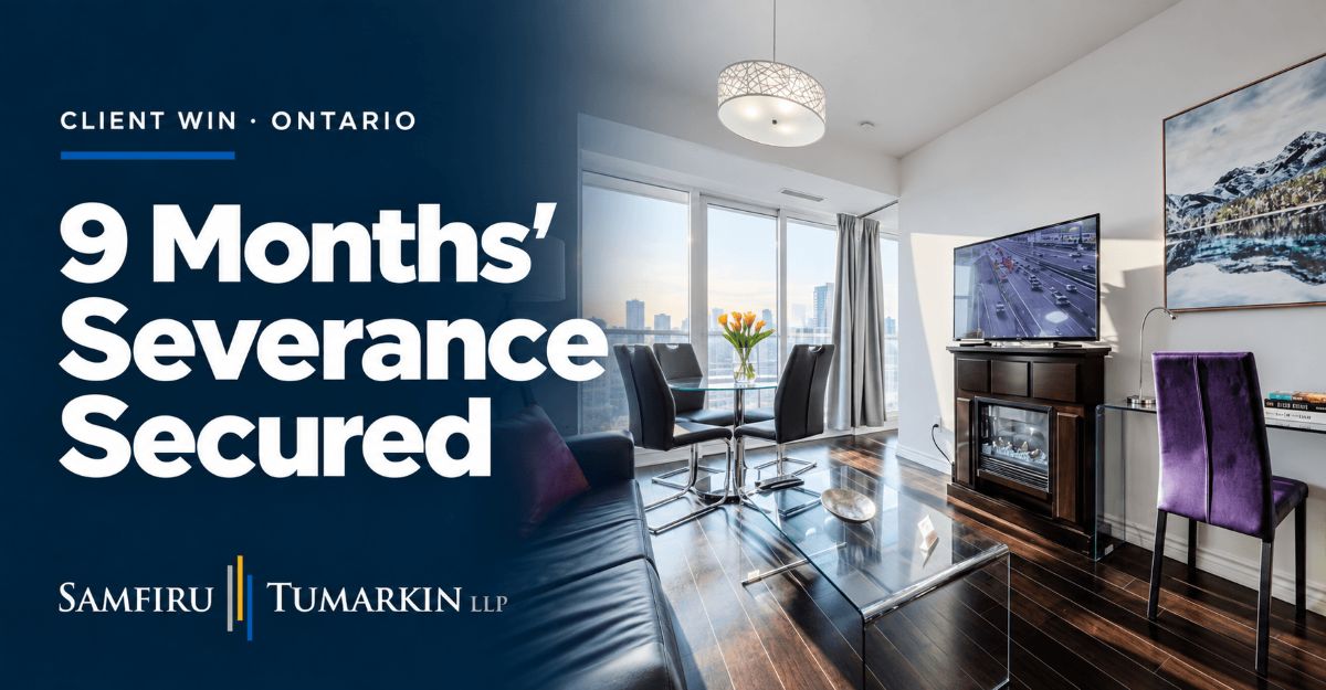 Details of a Samfiru Tumarkin LLP case win in Lefor v. Canada Suites are shown next to a luxury condo.