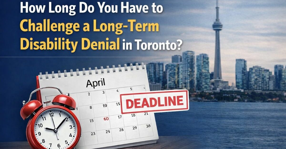 Calendar and alarm clock beside a deadline notice with the Toronto skyline, representing the time limit to challenge a long-term disability denial.