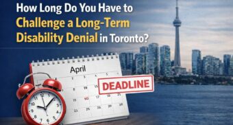 Calendar and alarm clock beside a deadline notice with the Toronto skyline, representing the time limit to challenge a long-term disability denial.