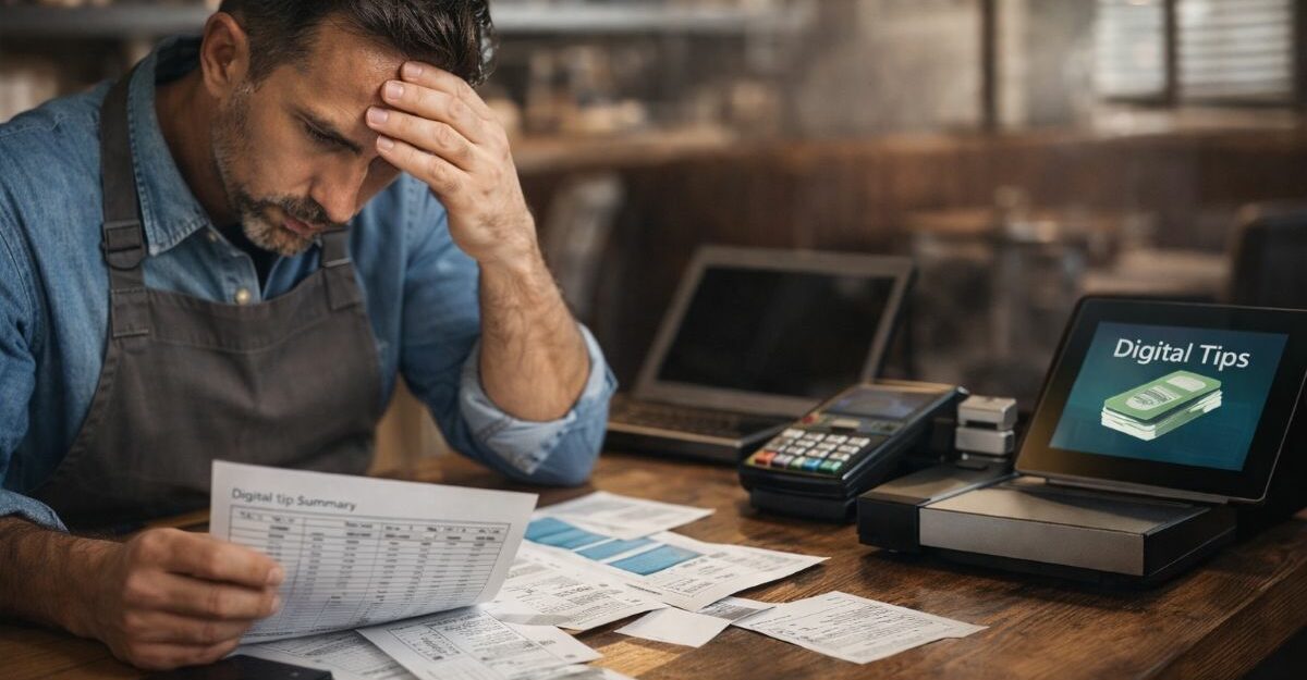 Restaurant owner reviewing financial records and digital tip reports at a restaurant workspace