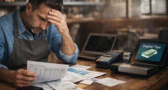 Restaurant owner reviewing financial records and digital tip reports at a restaurant workspace