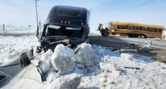 A school bus and a tractor-trailer collided at at the intersection of North Line and Summerhill Road near Clinton, Ont. on March 3, 2026. (Photo: OPP West Region)