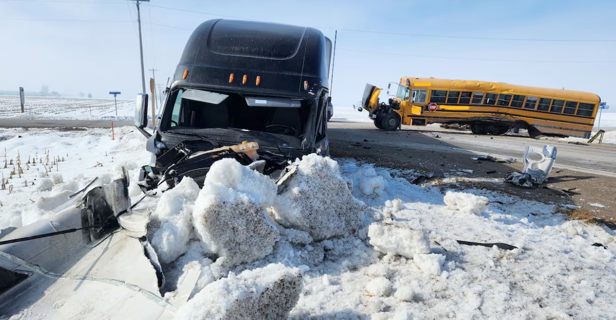 A school bus and a tractor-trailer collided at at the intersection of North Line and Summerhill Road near Clinton, Ont. on March 3, 2026. (Photo: OPP West Region)
