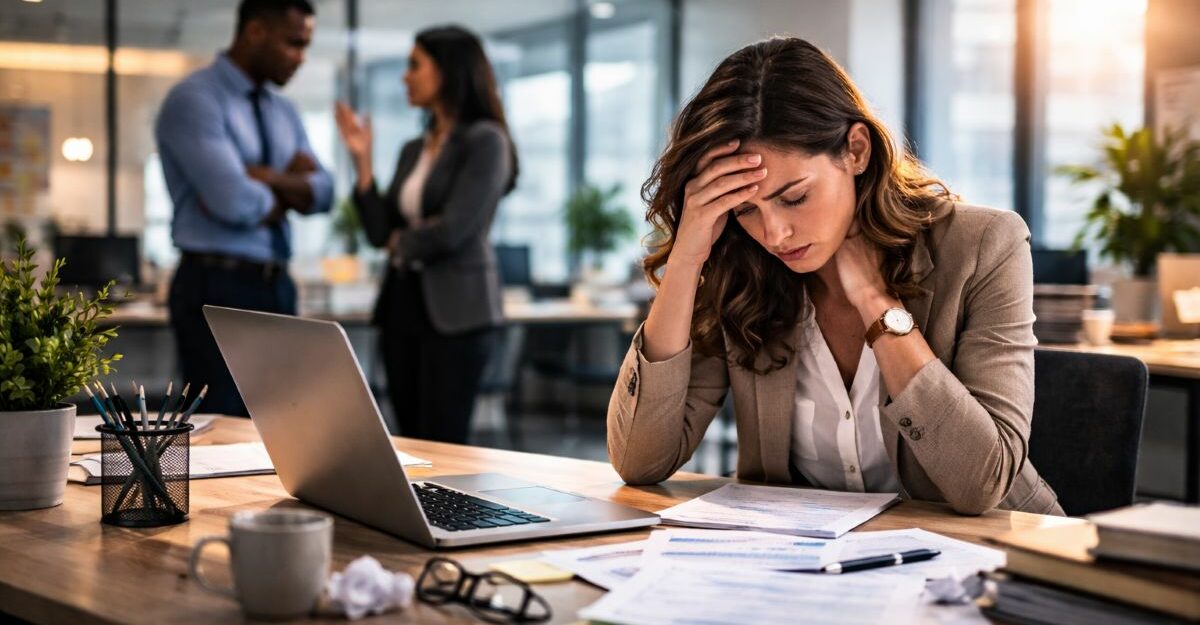 Stressed employee sitting at desk in office while coworkers talk in background creating sense of isolation