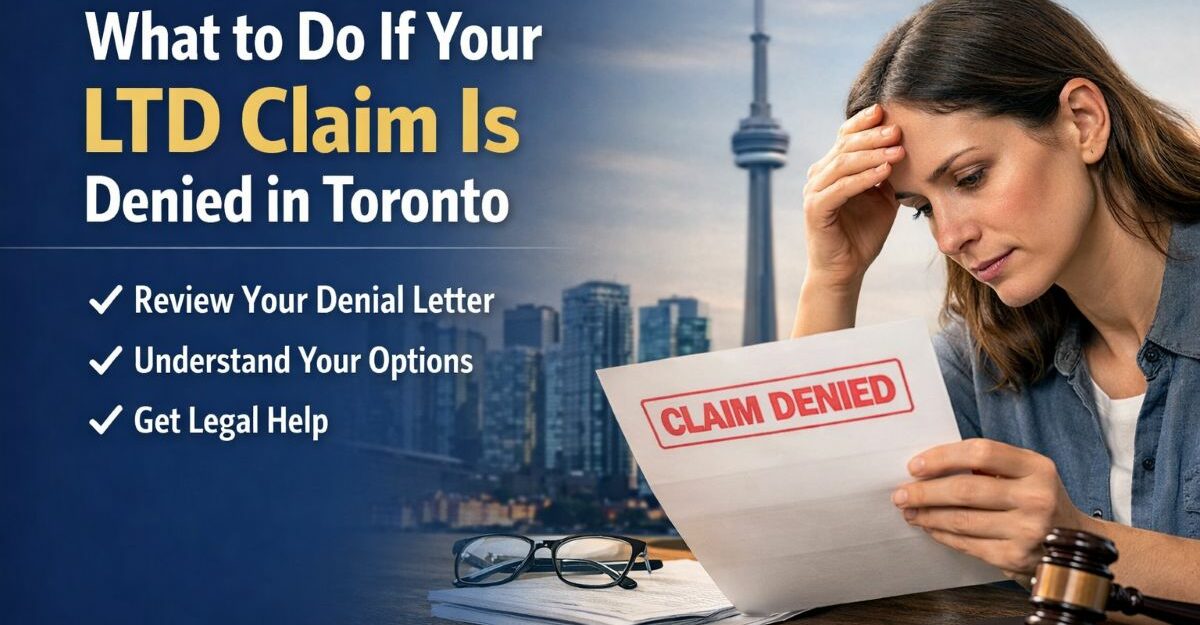 Woman reviewing a long-term disability claim denial letter with the Toronto skyline in the background.