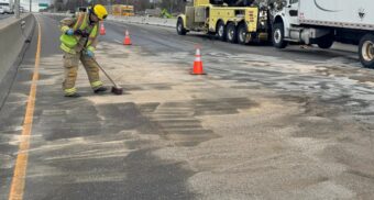 Emergency crews clean a diesel spill caused by a multi-vehicle collision on Highway 401 in Oshawa on April 29, 2026. (Photo: @OPP_HSD / X/Twitter)