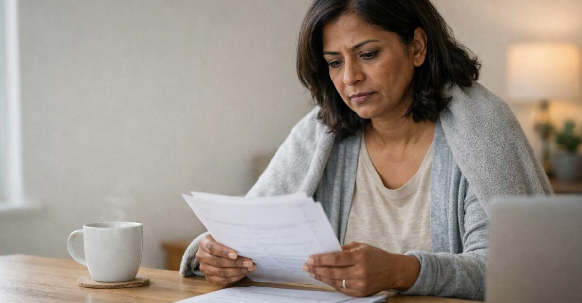 South Asian woman at home reviewing disability insurance paperwork with a concerned expression, seated at a table with documents and a laptop in soft natural light
