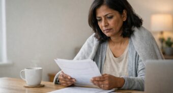 South Asian woman at home reviewing disability insurance paperwork with a concerned expression, seated at a table with documents and a laptop in soft natural light