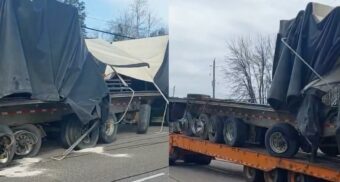 Photos of a commercial vehicle damaged during a collision on Highway 6 in Hamilton on April 21, 2026. (Photo: @OPP_HSD / X/Twitter)