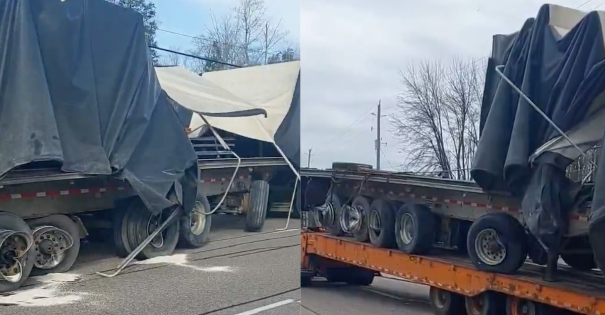 Photos of a commercial vehicle damaged during a collision on Highway 6 in Hamilton on April 21, 2026. (Photo: @OPP_HSD / X/Twitter)