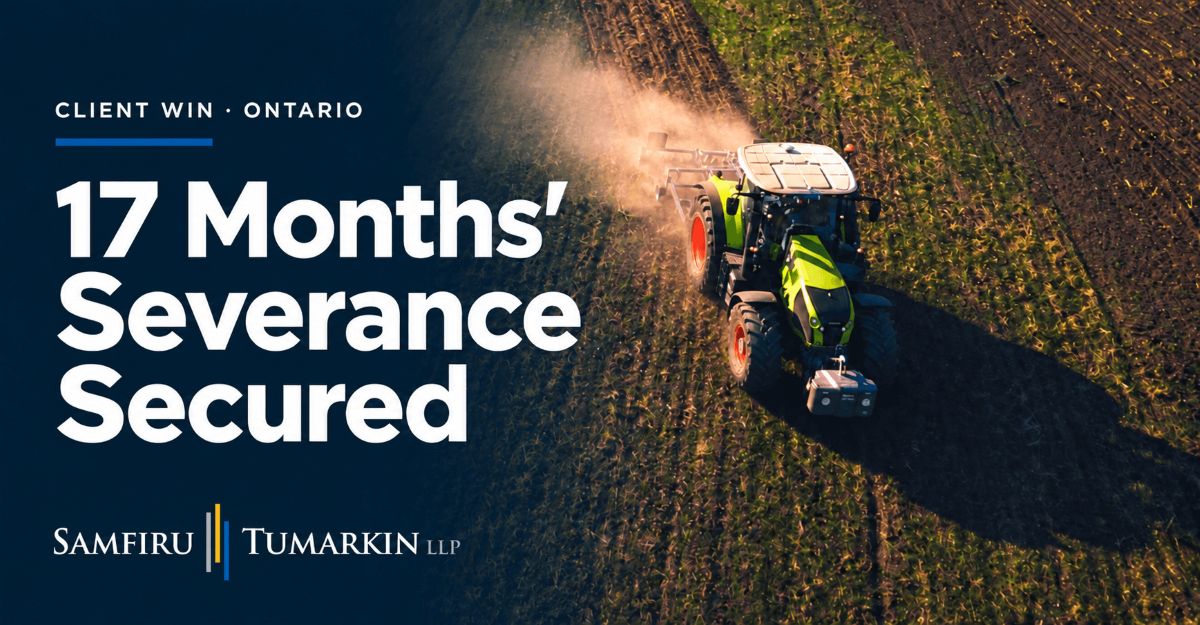 Details of a Samfiru Tumarkin LLP case win in Williamson v. Brandt Tractor are shown next to a tractor in a field.