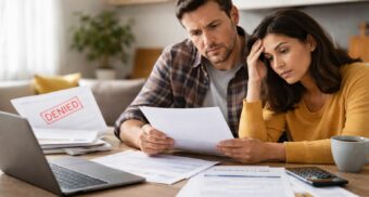 Concerned couple reviewing insurance claim documents at a kitchen table, with a denied notice visible, showing stress over delayed or rejected benefits