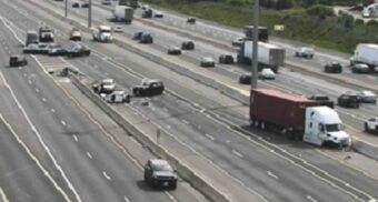 A multi-vehicle collision in the eastbound lanes of Highway 401 near James Snow Parkway in Milton, Ont. on June 29, 2026. (Photo: MTO)