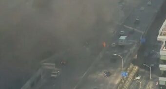 A fiery multi-vehicle collision on the eastbound Gardiner Expressway in Toronto, Ont. on June 19, 2026. (Photo: Sakbari1979 / X/Twitter)