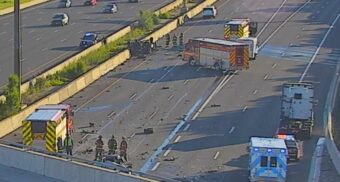 Emergency crews at the scene of a fiery collision in the eastbound lanes of Highway 401 in Etobicoke, Ont. on June 21, 2026. (Photo: Traffic Camera)