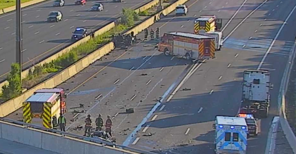 Emergency crews at the scene of a fiery collision in the eastbound lanes of Highway 401 in Etobicoke, Ont. on June 21, 2026. (Photo: Traffic Camera)