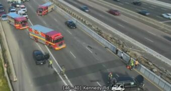 A collision in the eastbound collector lanes of Highway 401 at Kennedy Road in Scarborough, Ont. on June 24, 2026. (Photo: Traffic Camera)