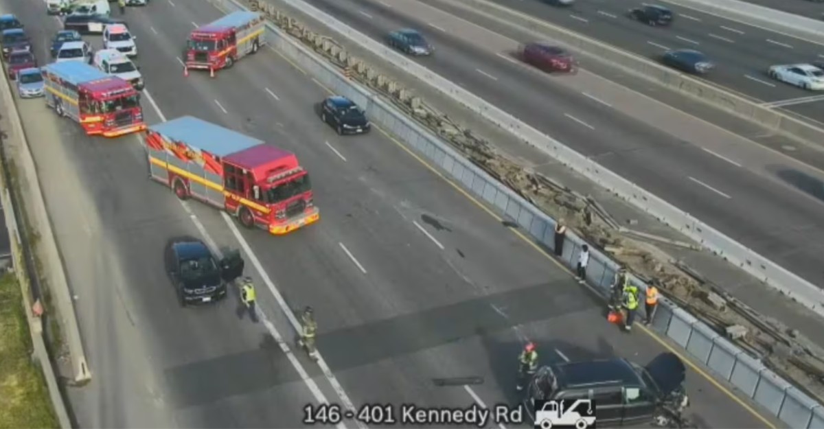 A collision in the eastbound collector lanes of Highway 401 at Kennedy Road in Scarborough, Ont. on June 24, 2026. (Photo: Traffic Camera)