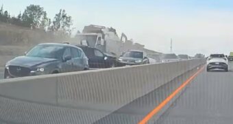 A dashcam photo of a multi-vehicle collision in the southbound lanes of Highway 400 near Bradford, Ont. on June 11, 2026 (Photo: Nela Garcia Fernandes)