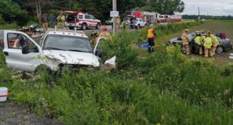 A car and pickup truck collided at the intersection of Nixon Drive and Dalmeny Road in Ottawa, Ont. on June 19, 2026. (Photo: Ottawa Fire Services / X/Twitter)