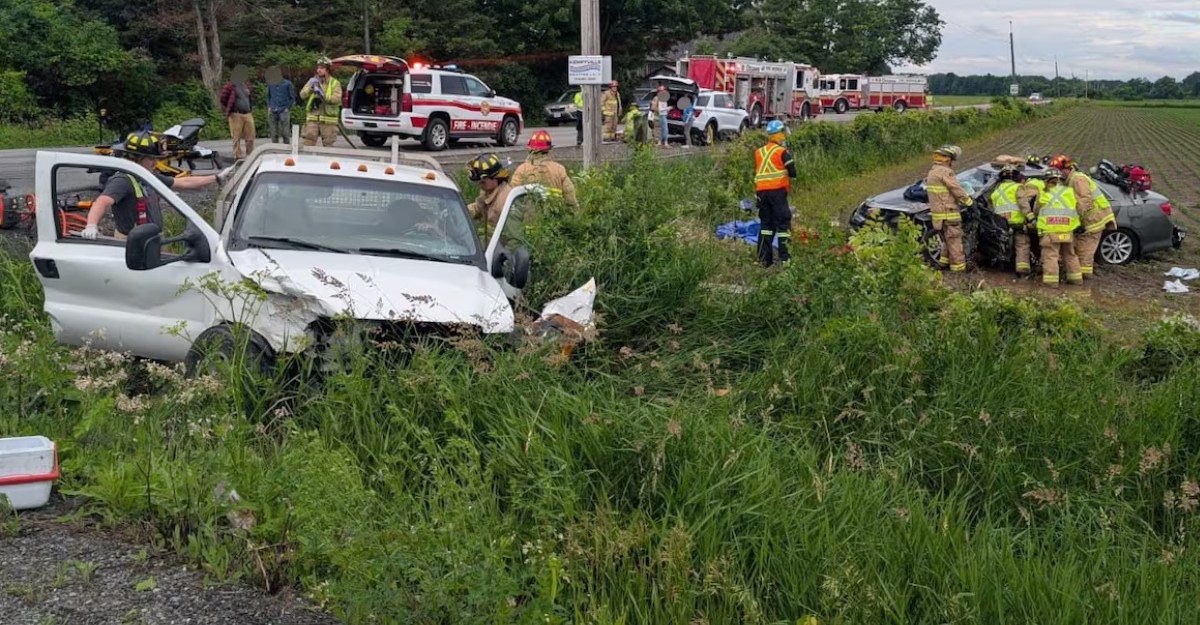 A car and pickup truck collided at the intersection of Nixon Drive and Dalmeny Road in Ottawa, Ont. on June 19, 2026. (Photo: Ottawa Fire Services / X/Twitter)