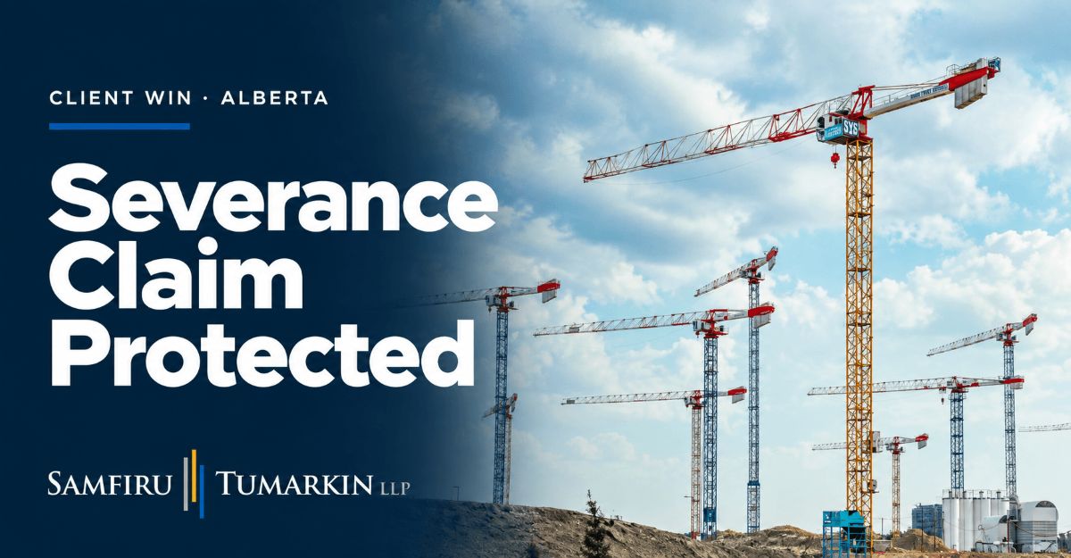 Details of a Samfiru Tumarkin LLP case win in Richard v. John's Sandblasting & Painting are shown next to a number of cranes.