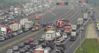 Emergency crews respond to a fatal collision in the eastbound express lanes of Highway 401 in Mississauga on July 15, 2026. (Photo: MTO)