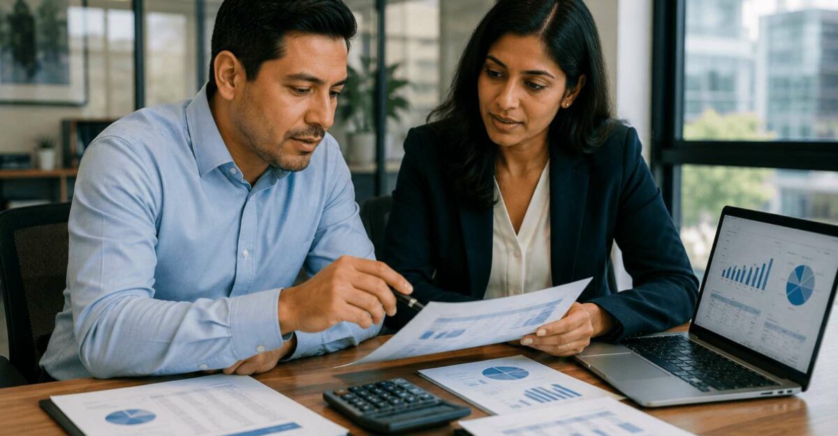 Employee reviewing commission pay calculations with a manager in an office.