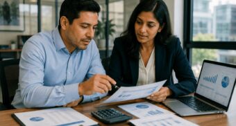 Employee reviewing commission pay calculations with a manager in an office.